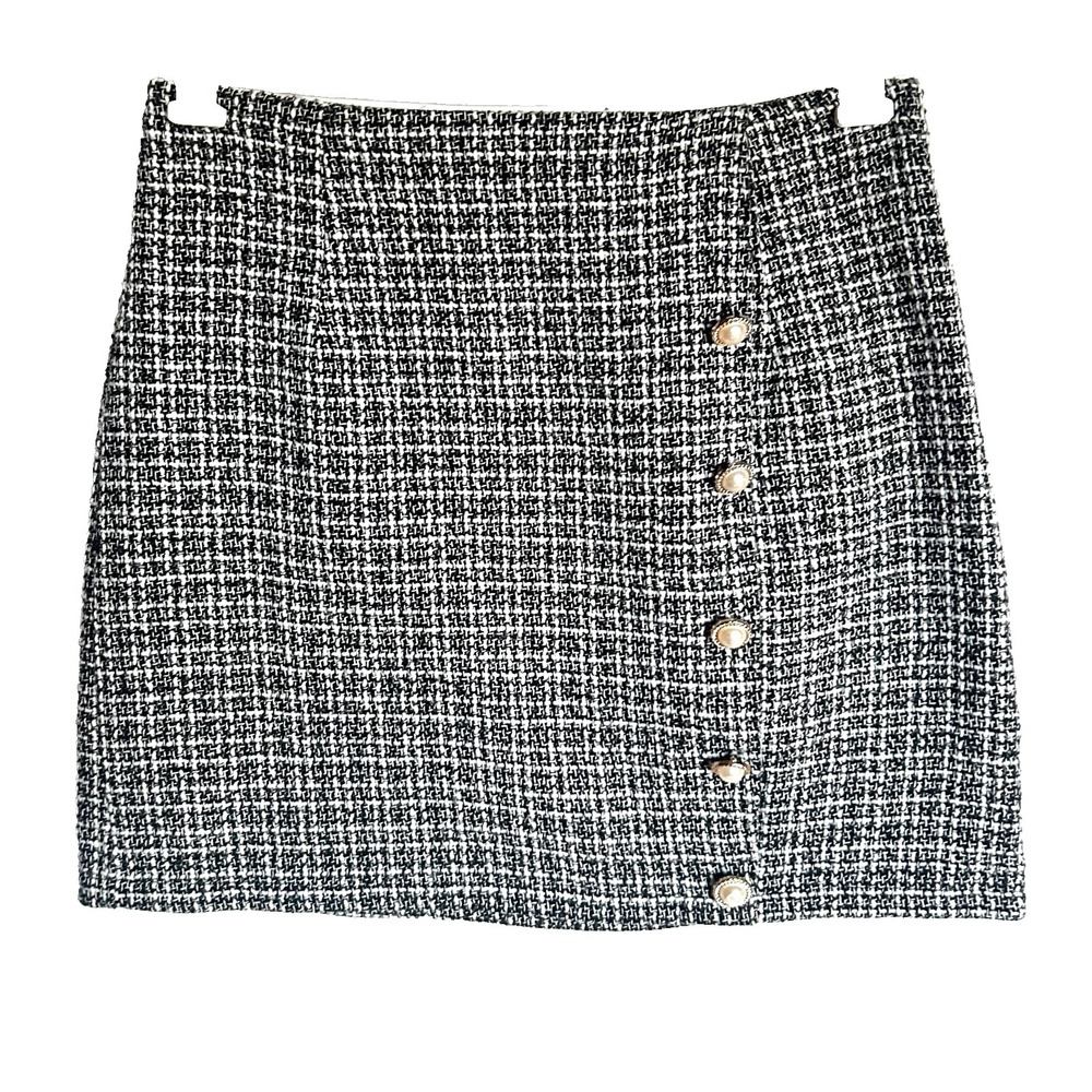 Euro Plaid Tweed Pearl Button Jeweled Academia Woven Mini Skirt Women 8 10 L 30"